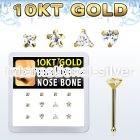 dginb17 box w 10kt gold nose bones w 3mm cz stones in mix shape