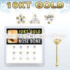dginb20 box w 10kt gold nose bones w 3mm cz in mixed shapes
