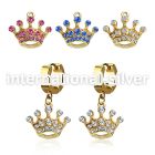 erg703 gold steel huggies earrings w dangling crystal crown
