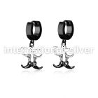 erk507 black steel huggies earrings w dangling black mustache