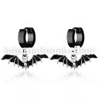 erk569 black steel huggies earrings w dangling black bat