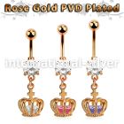 mdrz590 rose gold steel belly banana w cz dangling crown w cz