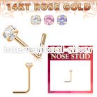 rnszm2 14 karat rose gold l shaped nose stud 22g color cz