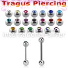 surgical steel tragus barbell, 16g (1.2mm) with a top 3mm bezel jewel ball and a plain 3mm steel ball
