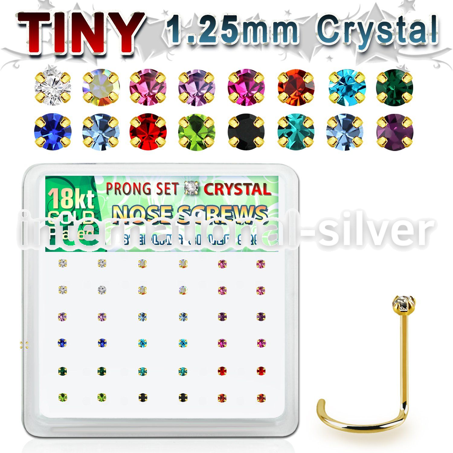 18wp6xm box gold plated silver nose screw set 1.25mm mix crystal