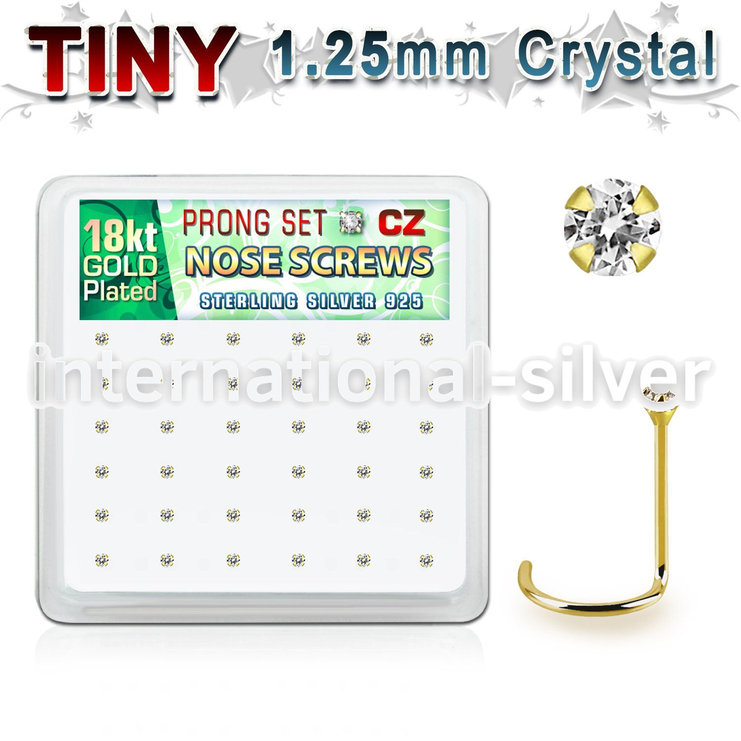 18wz12xc box gold plated silver nose screw w set 1.25mm clear czs