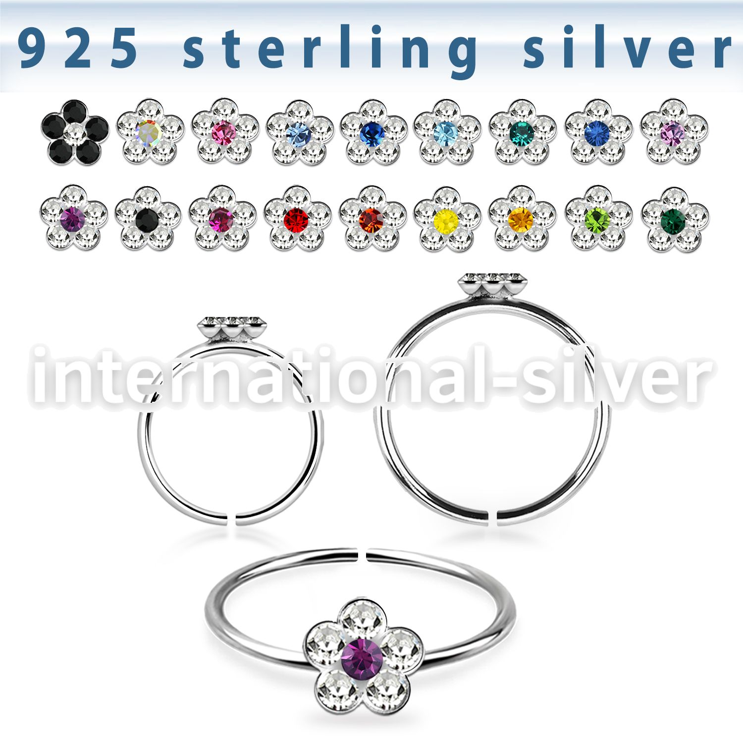 22g 0.6mm sterling silver seamless nose ring hoop with a two color gemmed flower