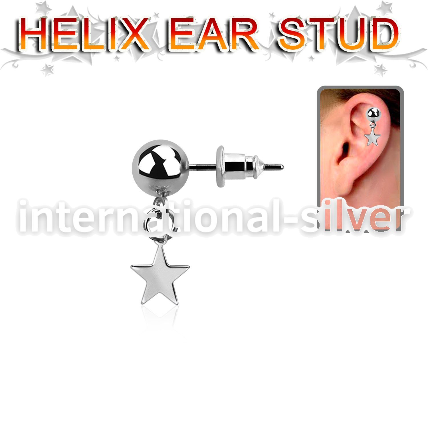 6mm ball steel helix ear stud w a dangling steel star 