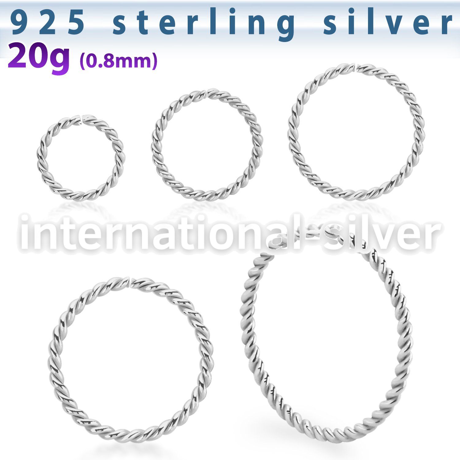 agselw20 silver seamless nose ring hoop twisted wire 20g