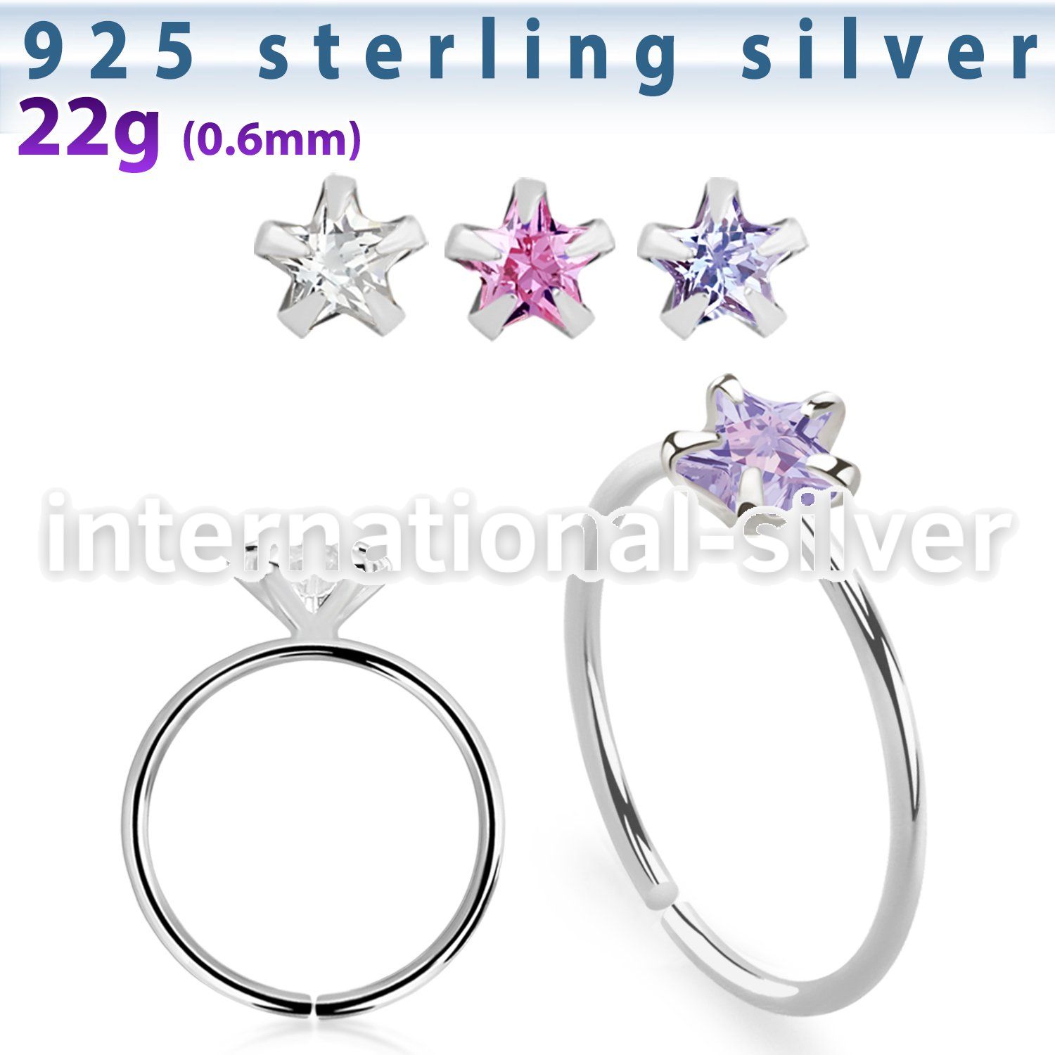 agzsm22 silver seamless nose ring hoop 22g star color cz