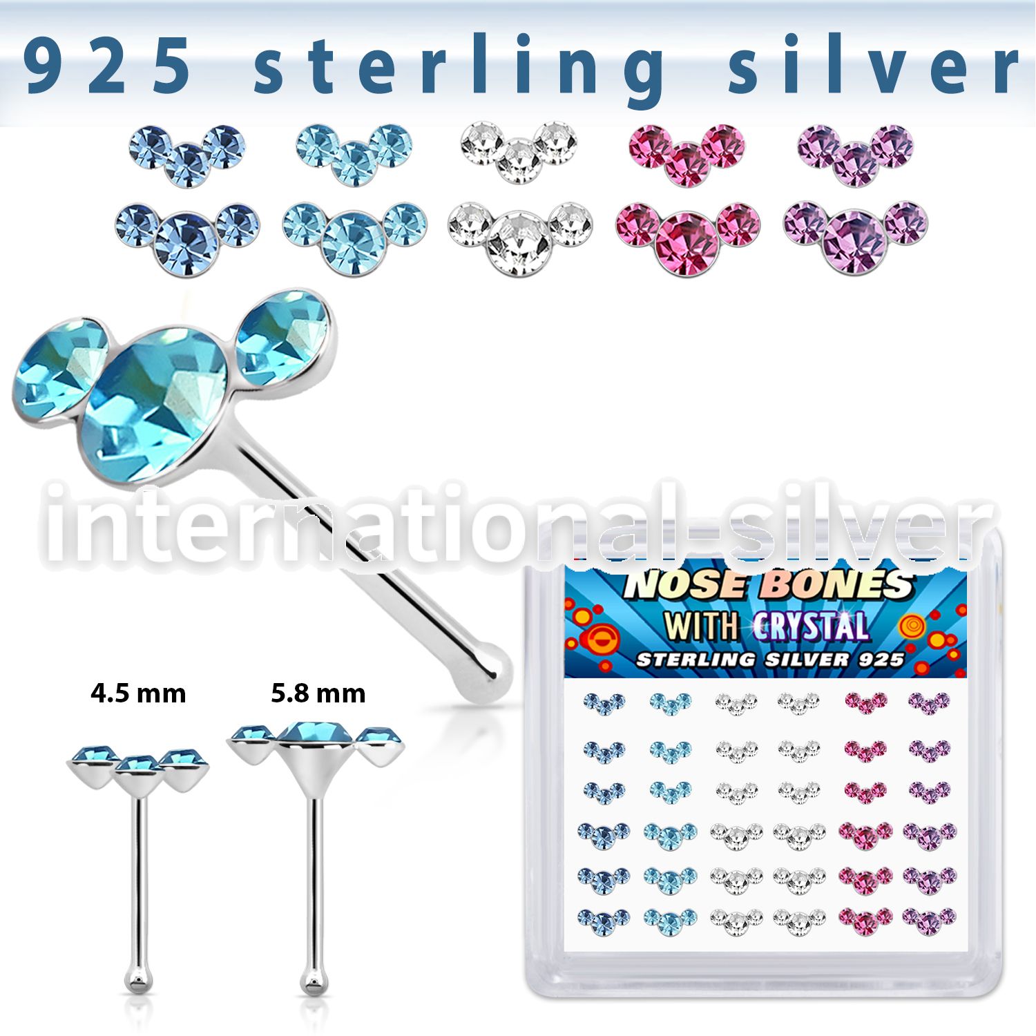 b36cumxm silver nose bones 22g crystals curved colors 36