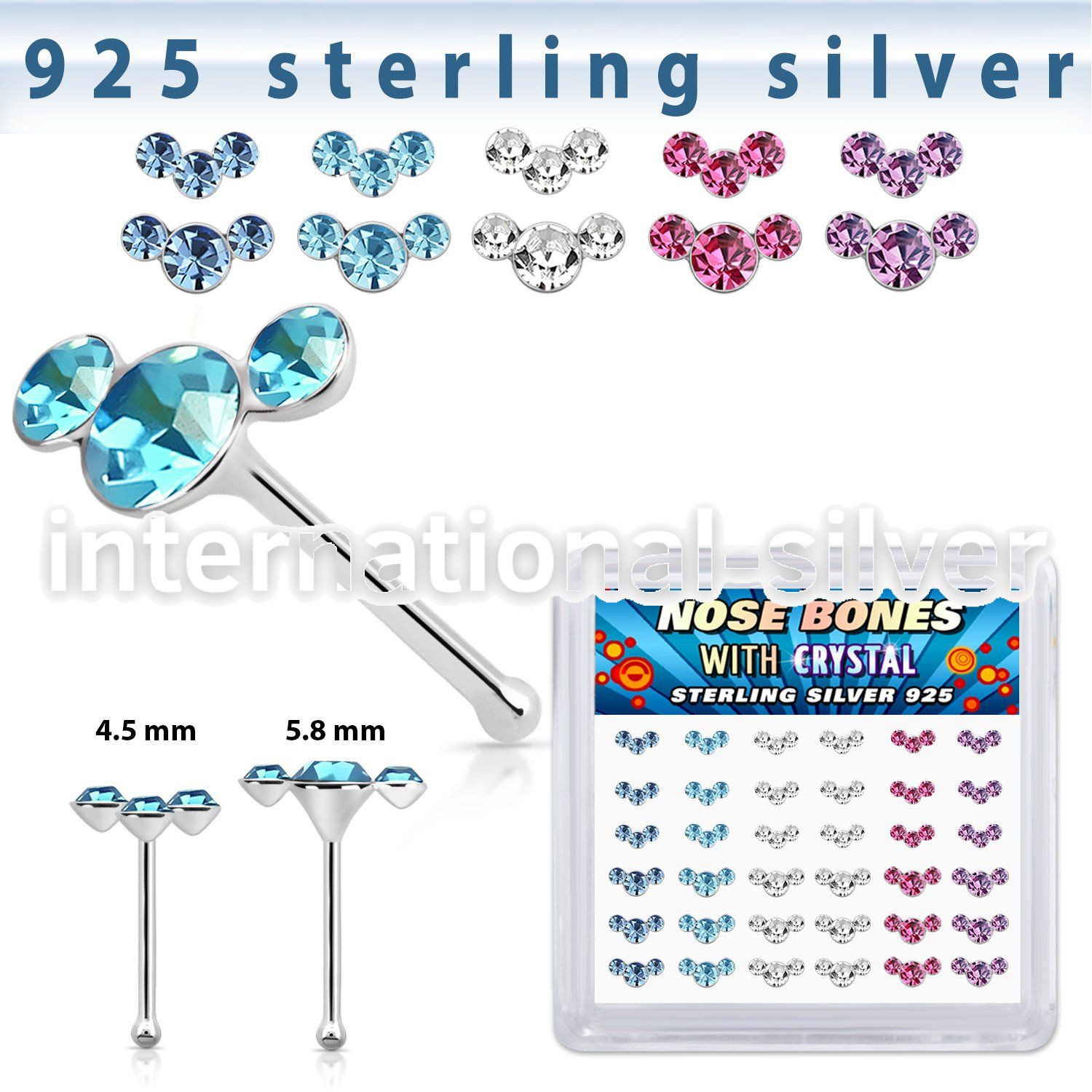 b36cumxm silver nose bones 22g crystals curved colors 36