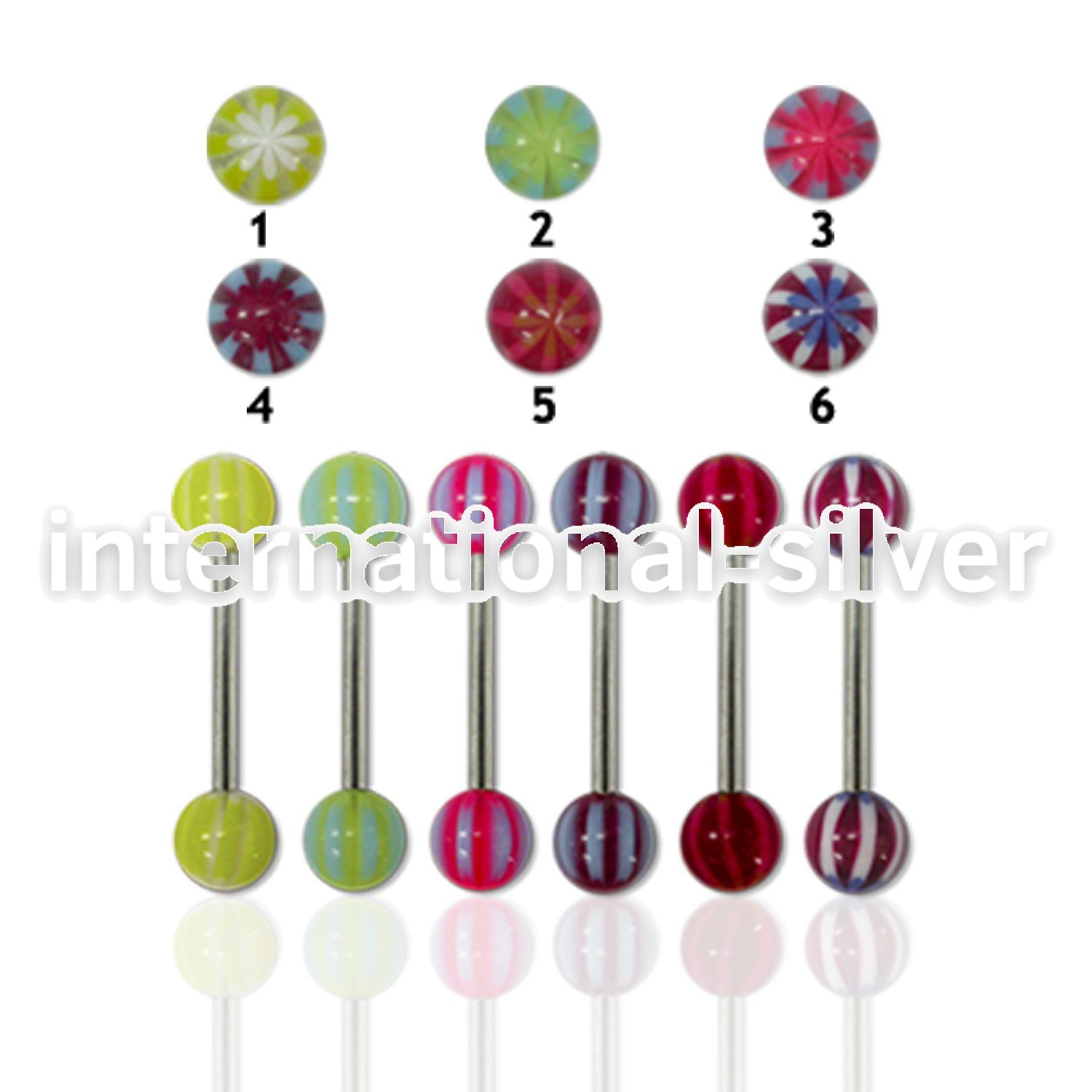 bbdxe steel tongue barbell w two 6mm multi color acrylic balls