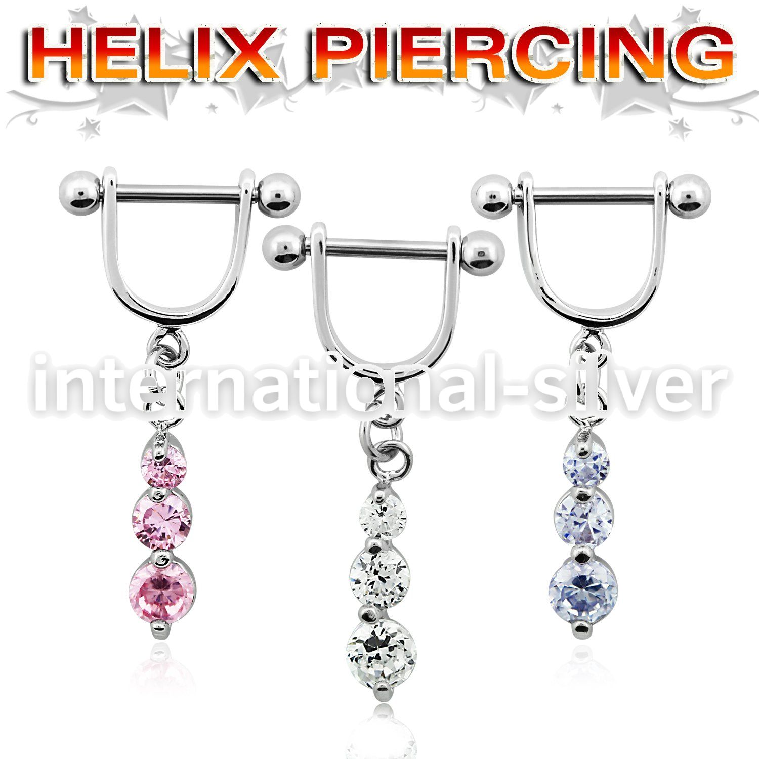 bber13 316l steel helix barbell with dangling 3 prong cz