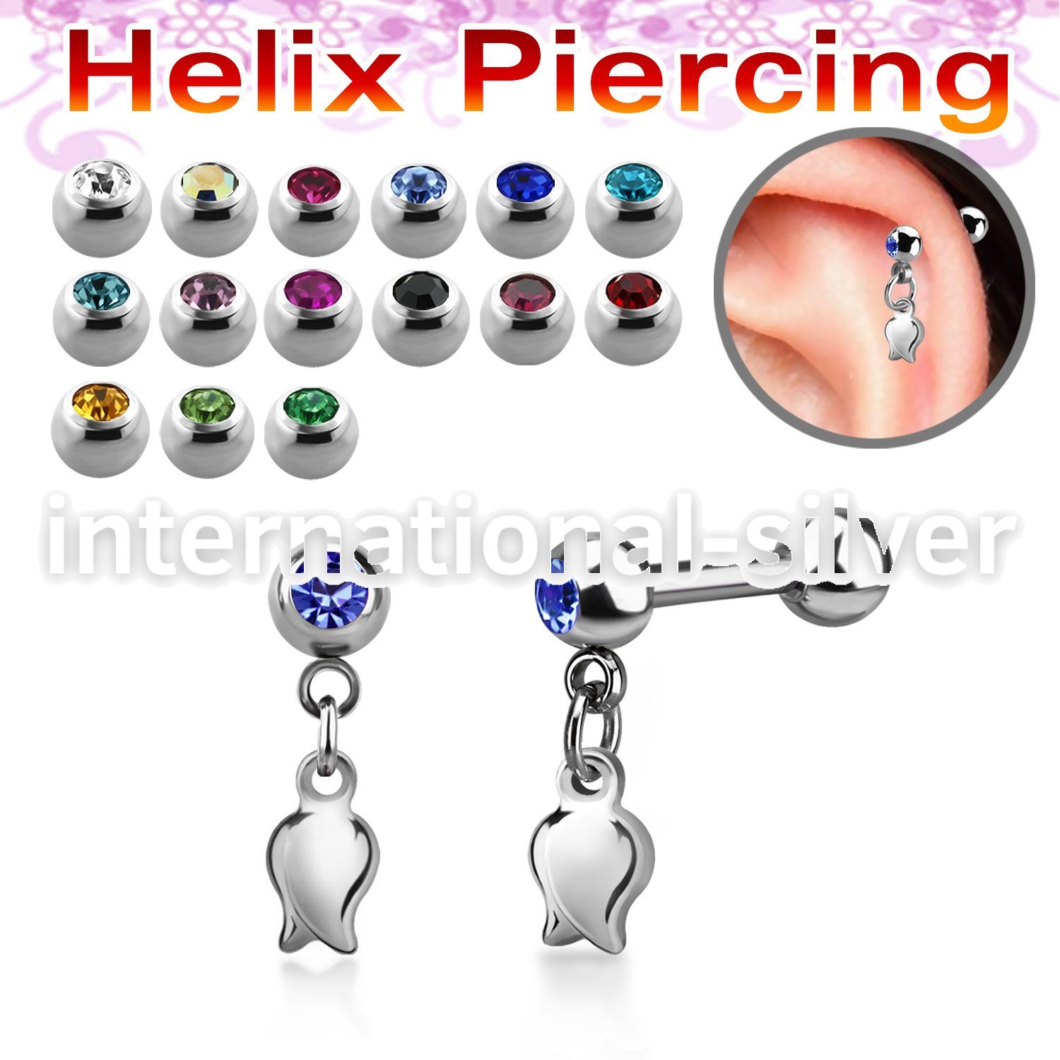 bber83 steel helix barbell 16g w 4mm jewel balls w tulip 