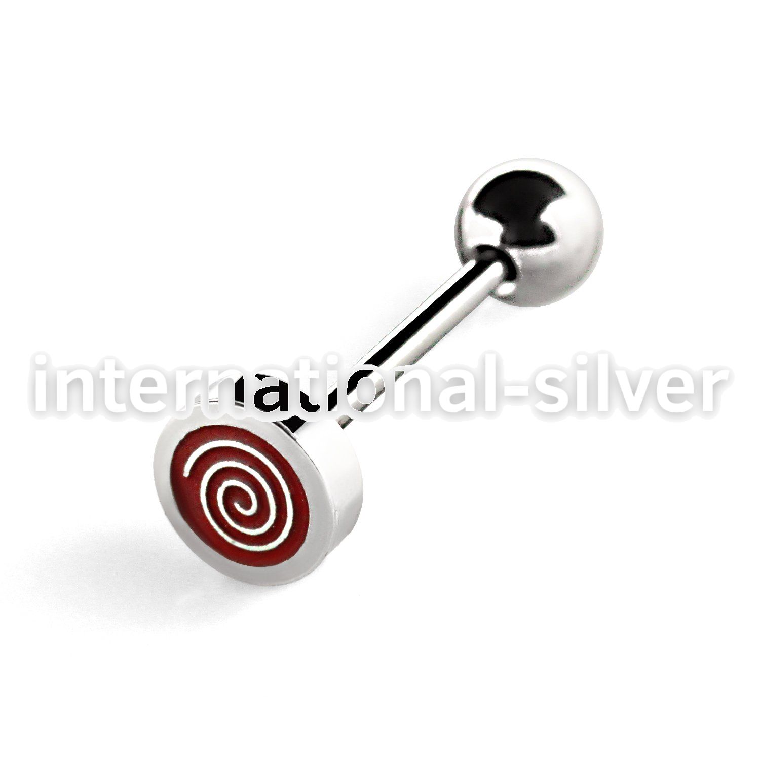 bbsh10 316l steel tongue barbell with red spiral logo