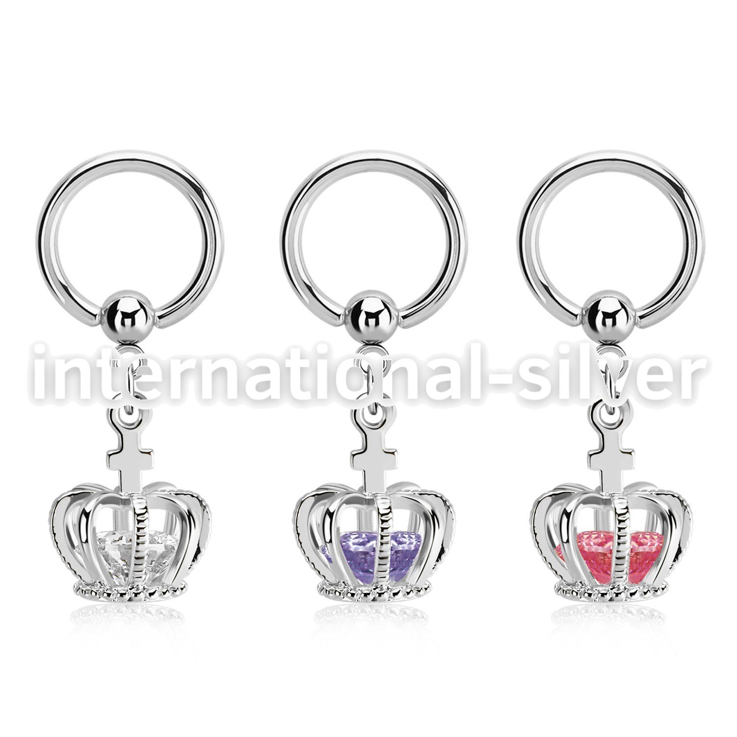 bcrgz590 316l steel bcr, 14g dangling crown w cz