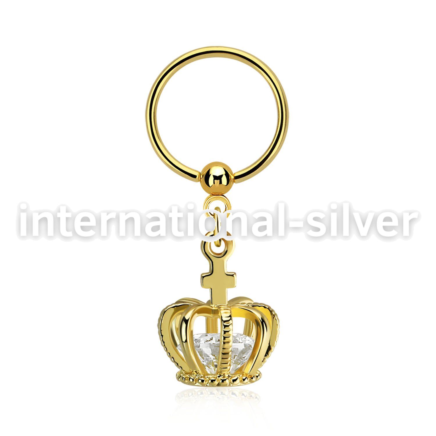 bcrtsz12 gold plated 316l steel bcr, 16g w dangling crown w cz