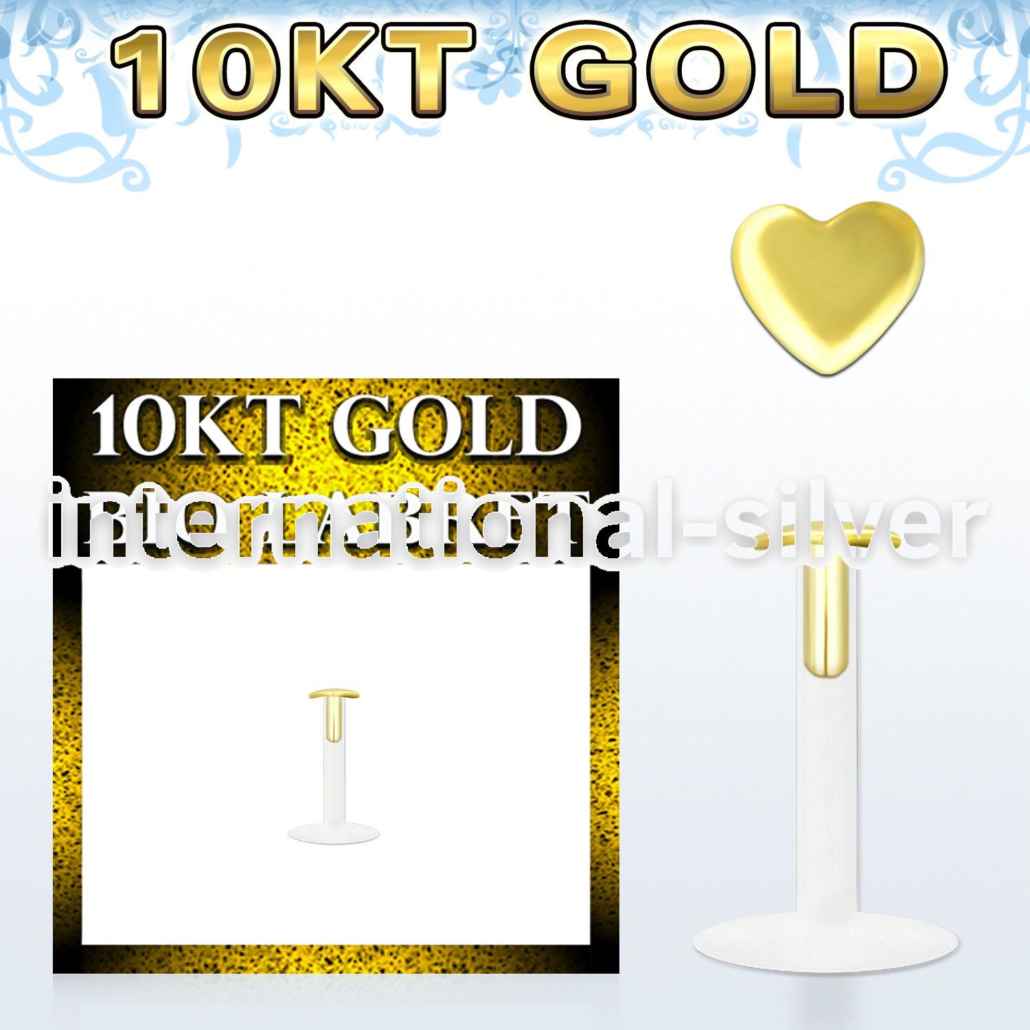 bio flex labret w push in 10kt gold heart shaped top
