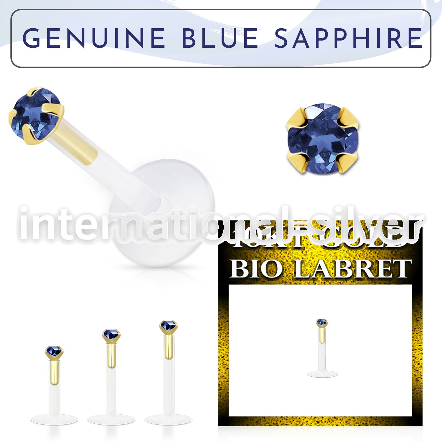 bioflex labret with 10kt gold w prong blue sapphire