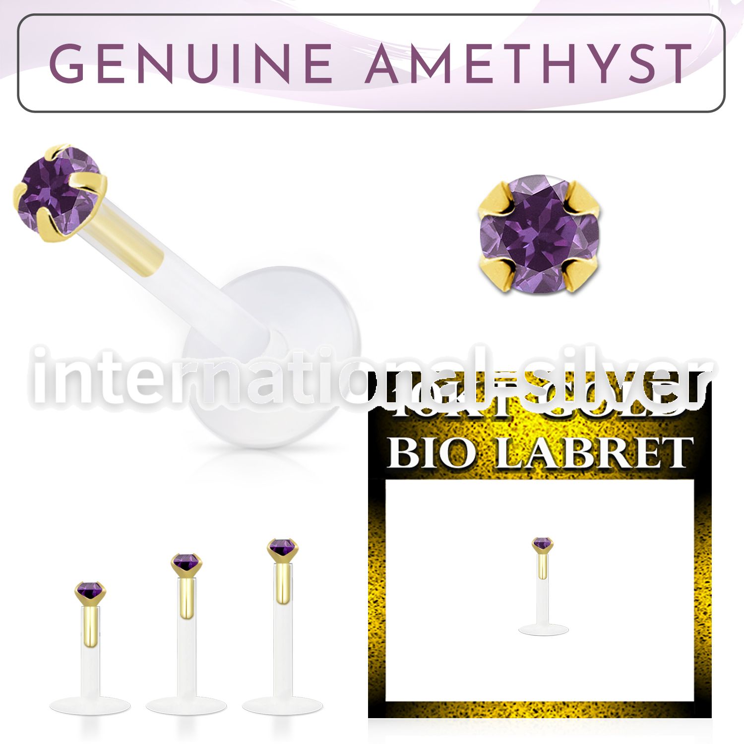bioflex labret with push in 10kt gold w prong amethyst