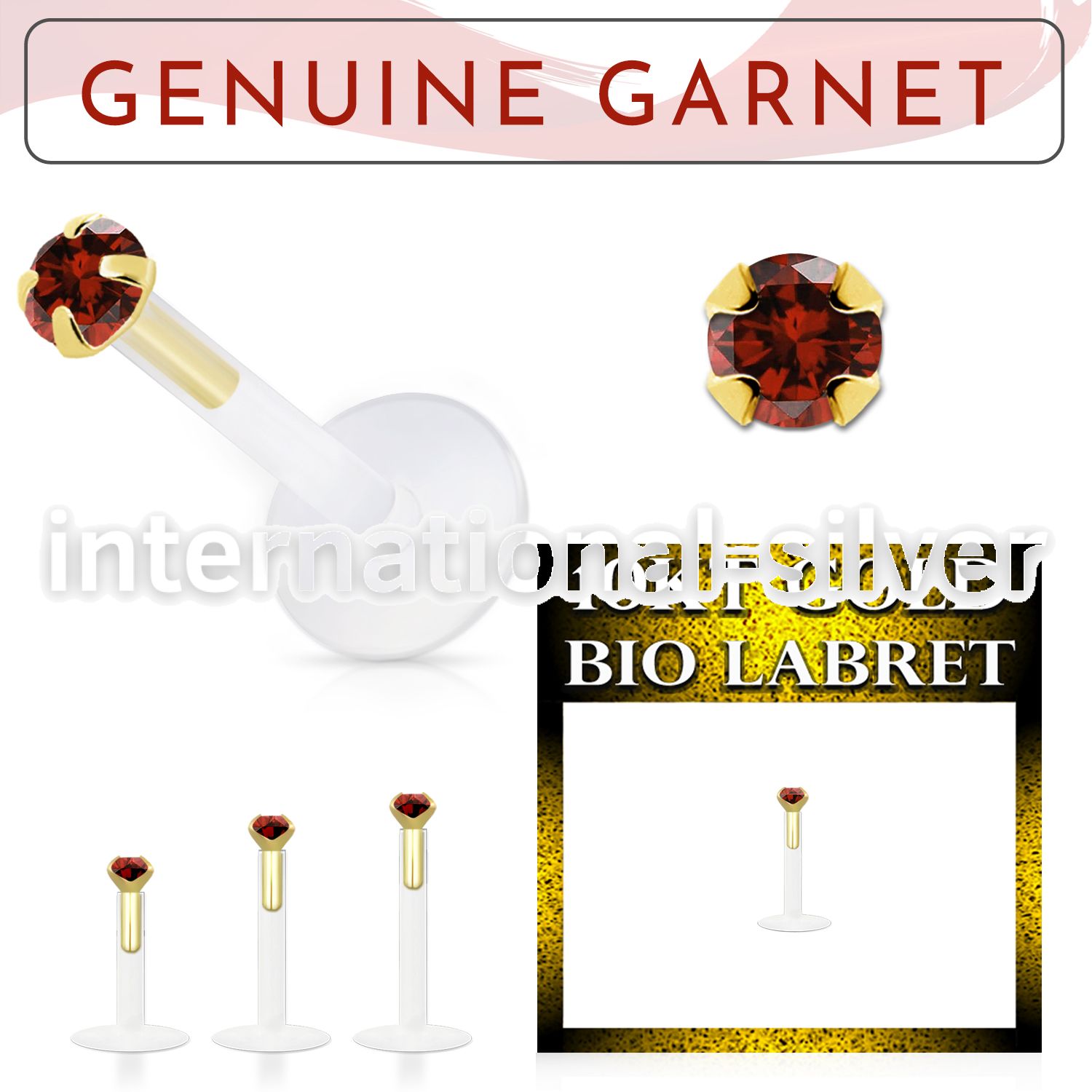 bioflex labret with push in 10kt gold w prong garnet