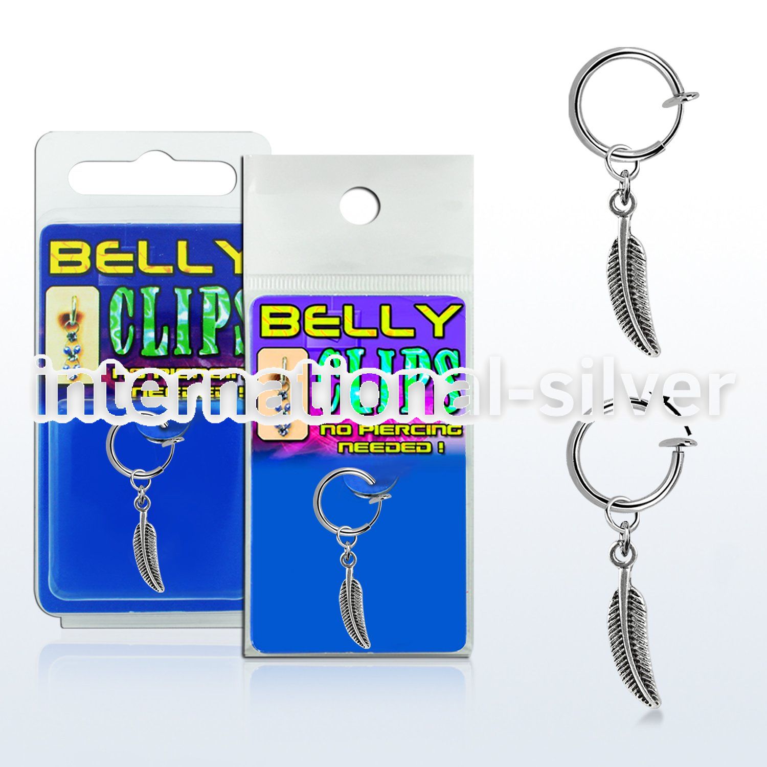 blcp638 fake belly clip w a dangling curved feather 