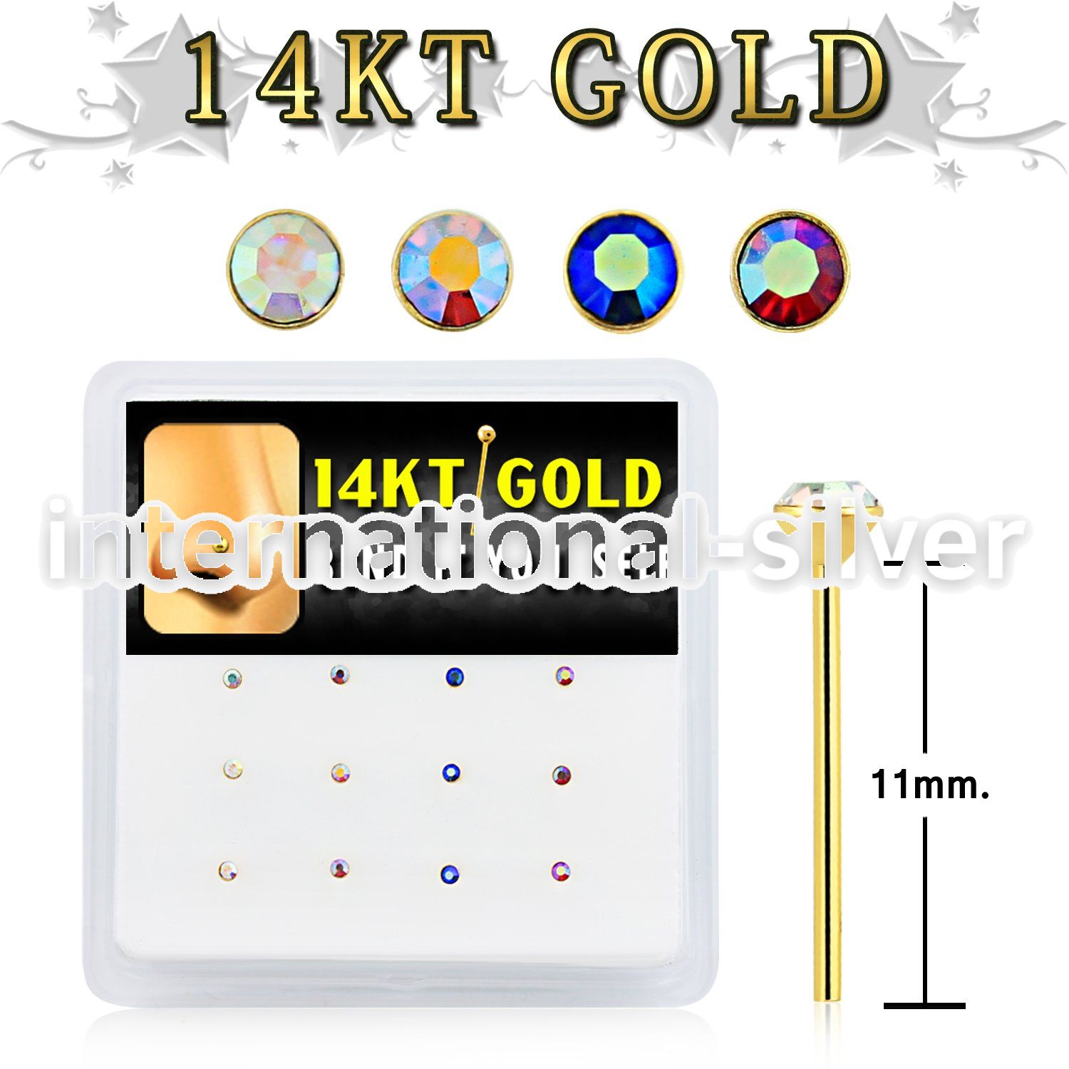 box w 12 14kt gold bend it nose stud 1.5mm ab crystal top 