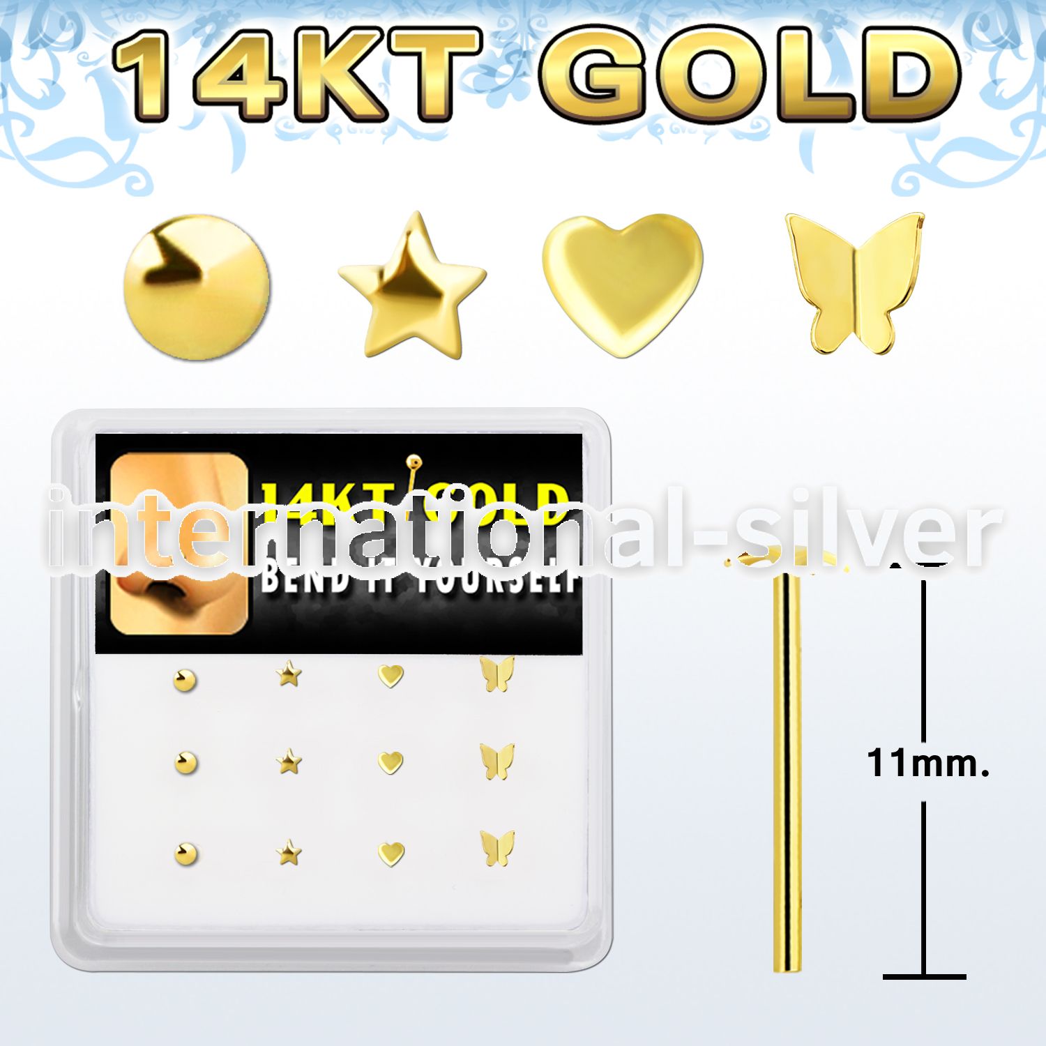 box w 12  14kt gold bend it nose stud w mixed shaped top 