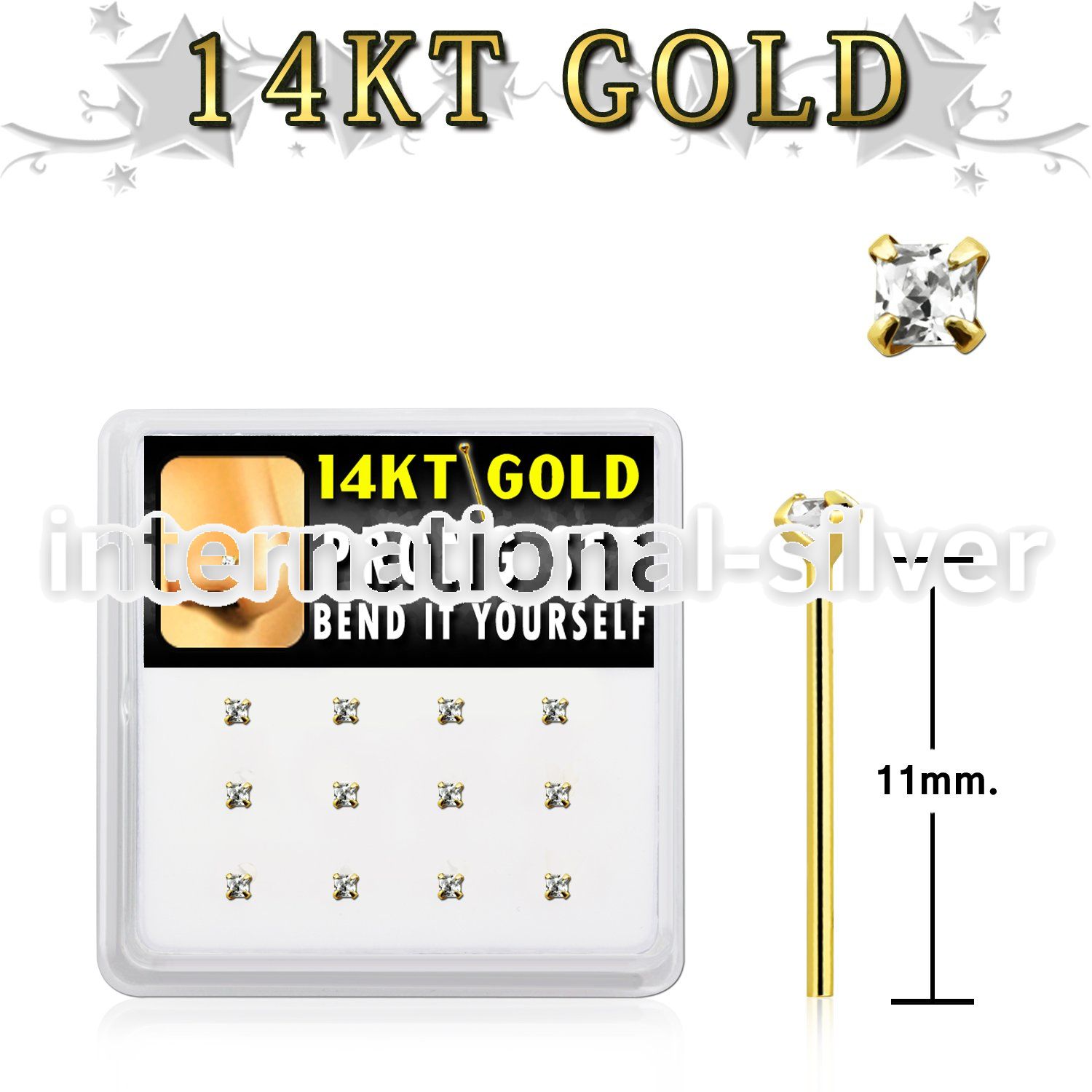 box w 12 14kt gold bend it nose studs w 2mm round czs 