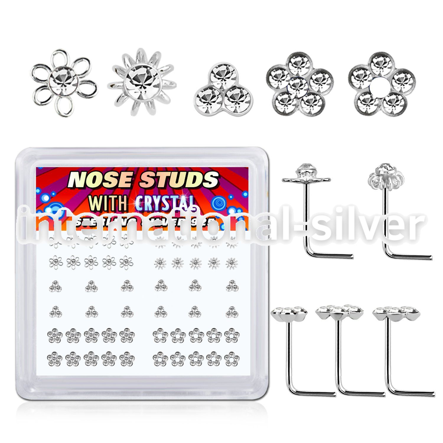 box w 52 silver nose studs w flower crystal tops in clear