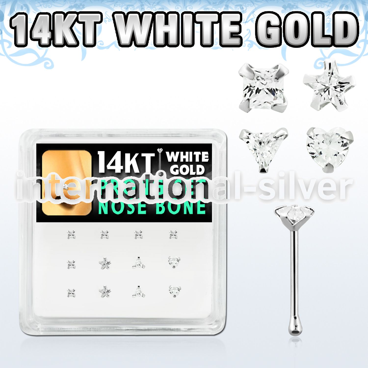 box w white 14kt gold nose bones w assorted prong set cz 