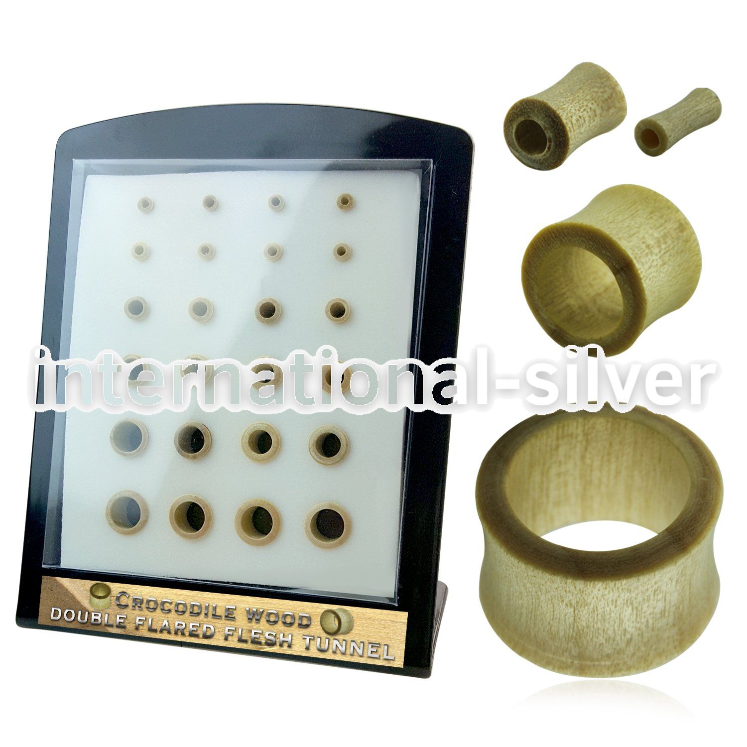 brdpwy display w 24 of crocodile wood double flare flesh tunnel