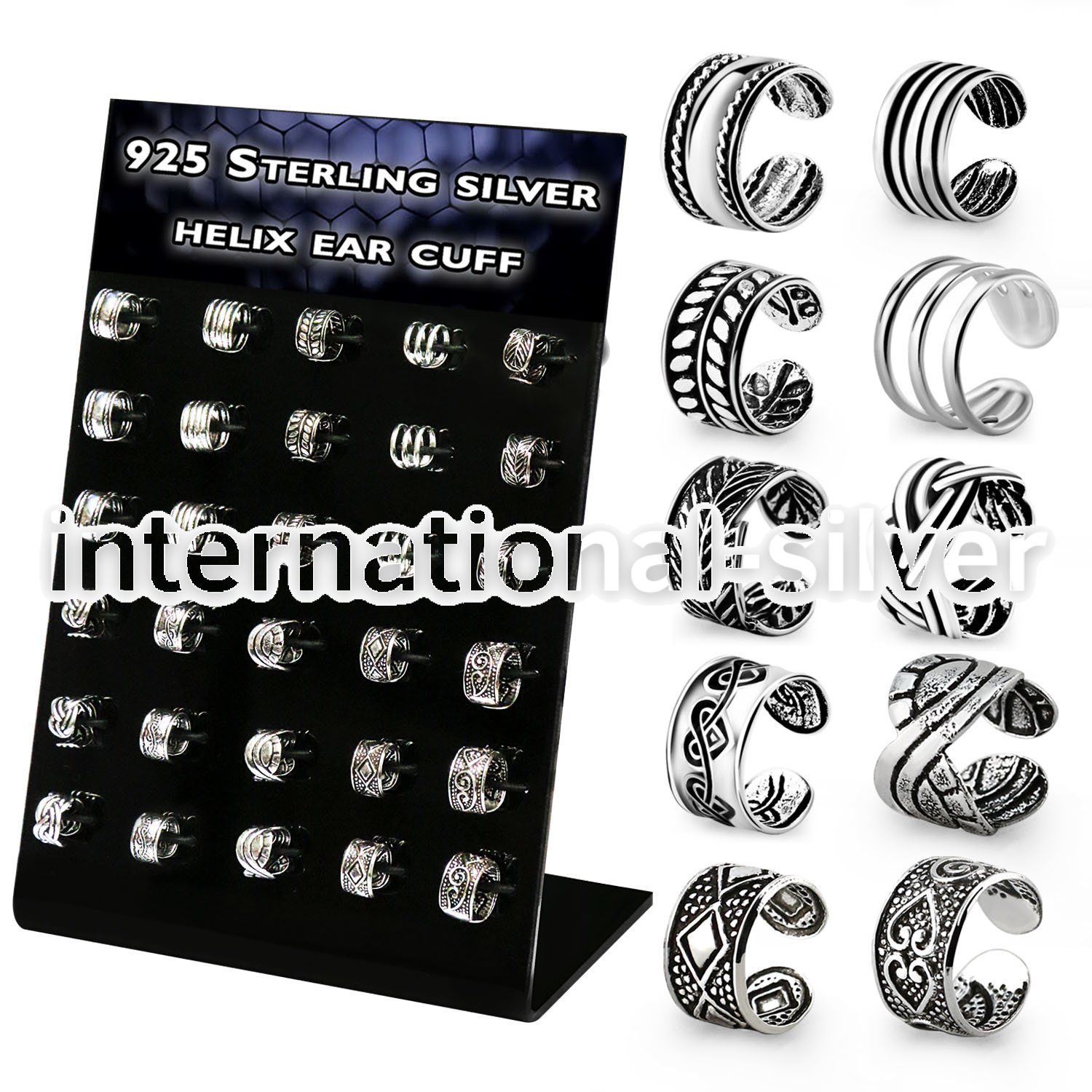 brehvcf display w 30 pcs. of silver helix ear cuff mix designs