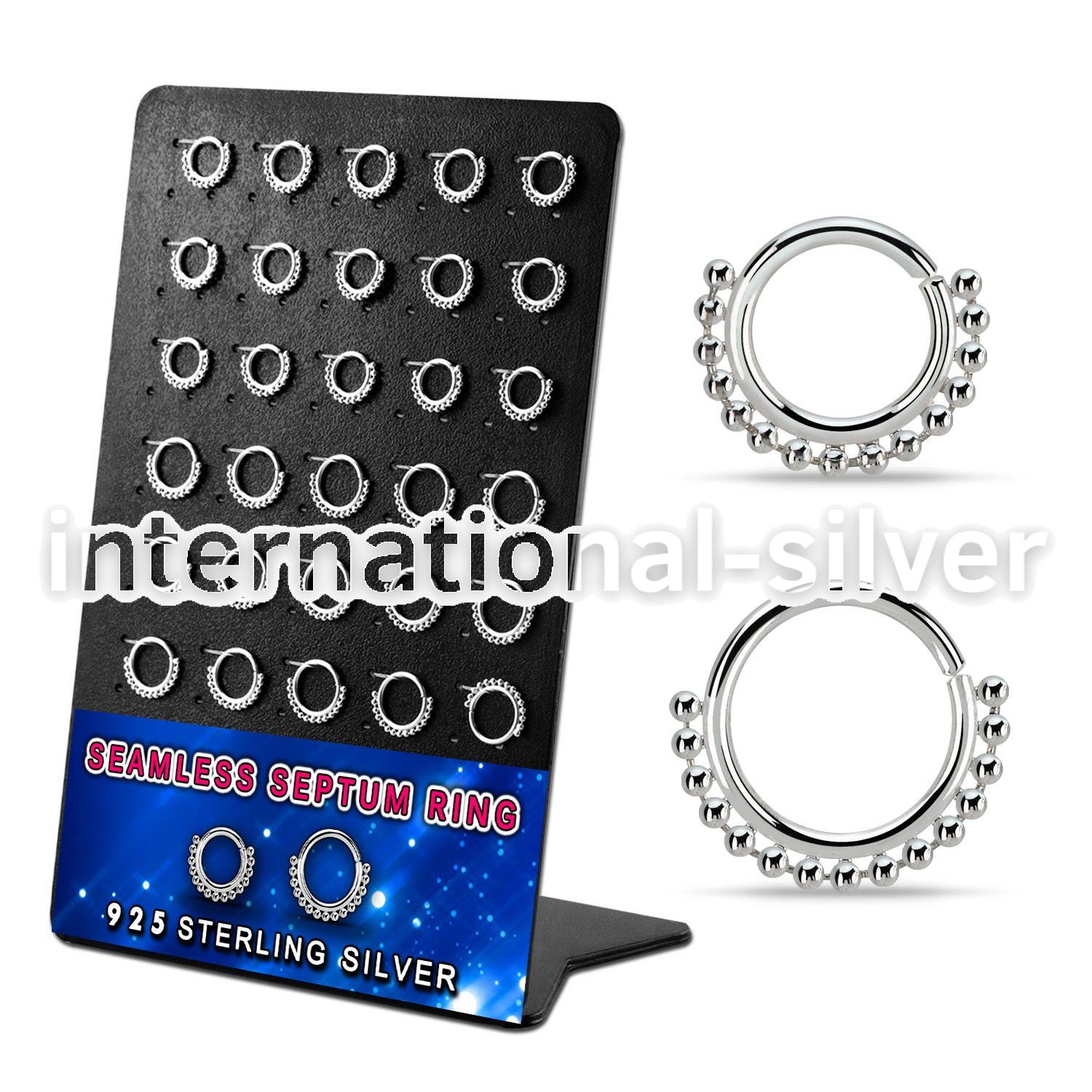 brnhm54 board w 30 silver septum seamless rings w small beads
