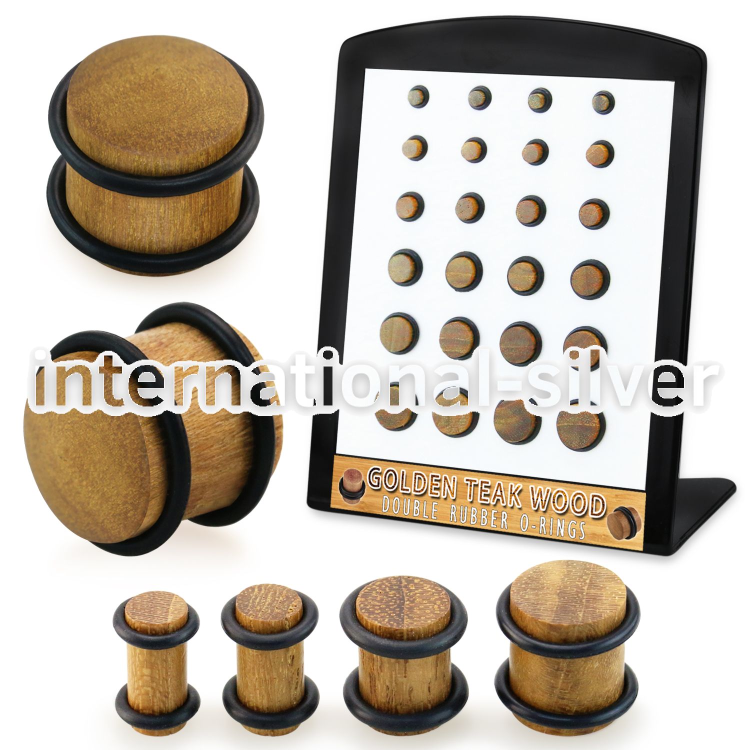 brpg219 teak wood ear plugs double rubber o rings 24pcs