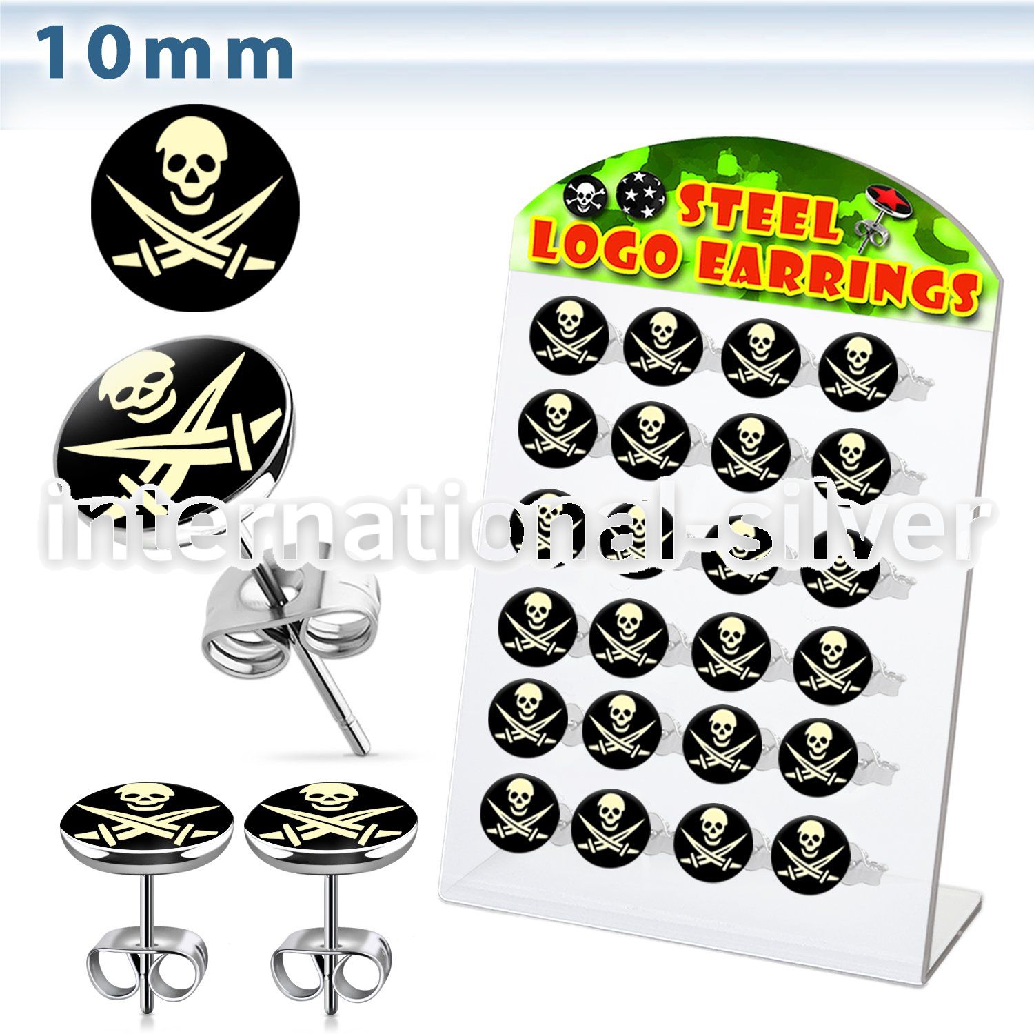 brser12 board of 316l steel ear studs with assorted skull logos