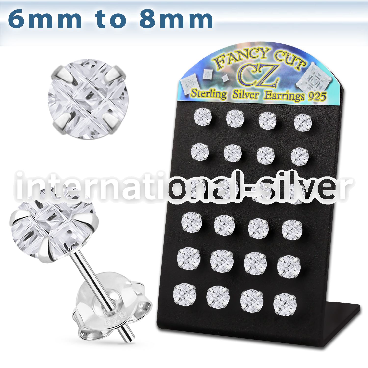 brsv9 silver ear stud w 6 8mm round prong cz stone