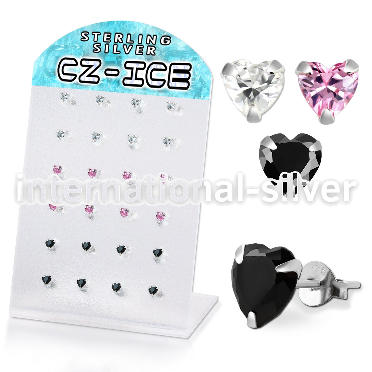 brszh3a silver ear studs heart mixed colors cz 12