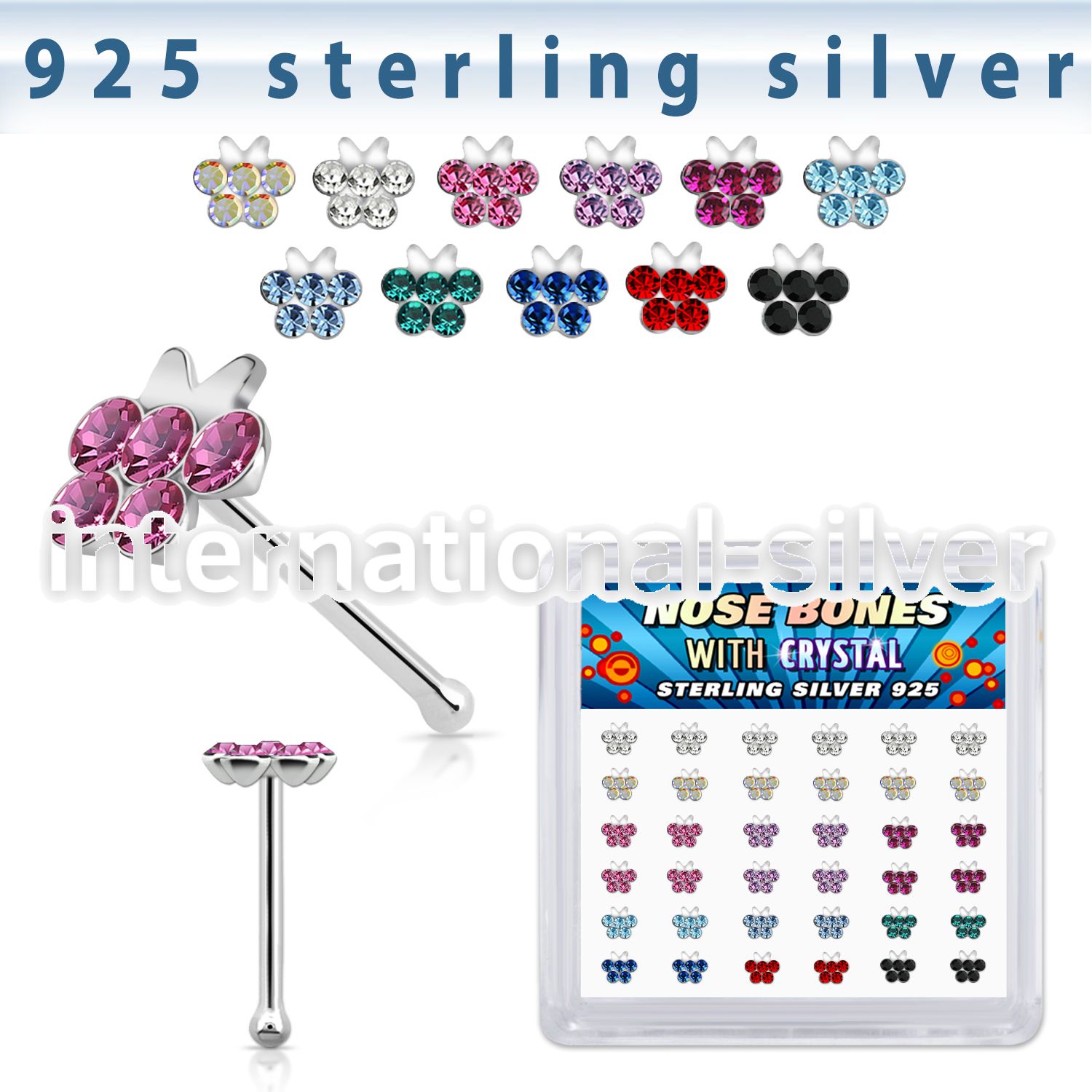 bxbufm36 silver nose bones 22g butterfly colors gems 36