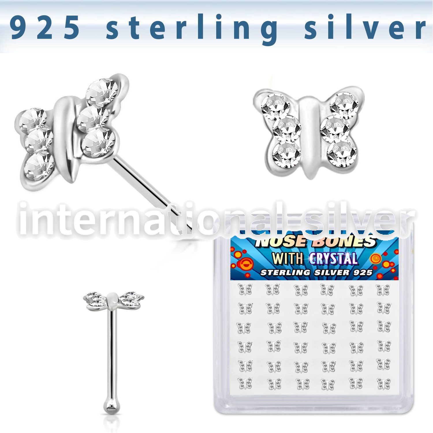bxbutc36 silver nose bones 22g butterfly clear gems 36