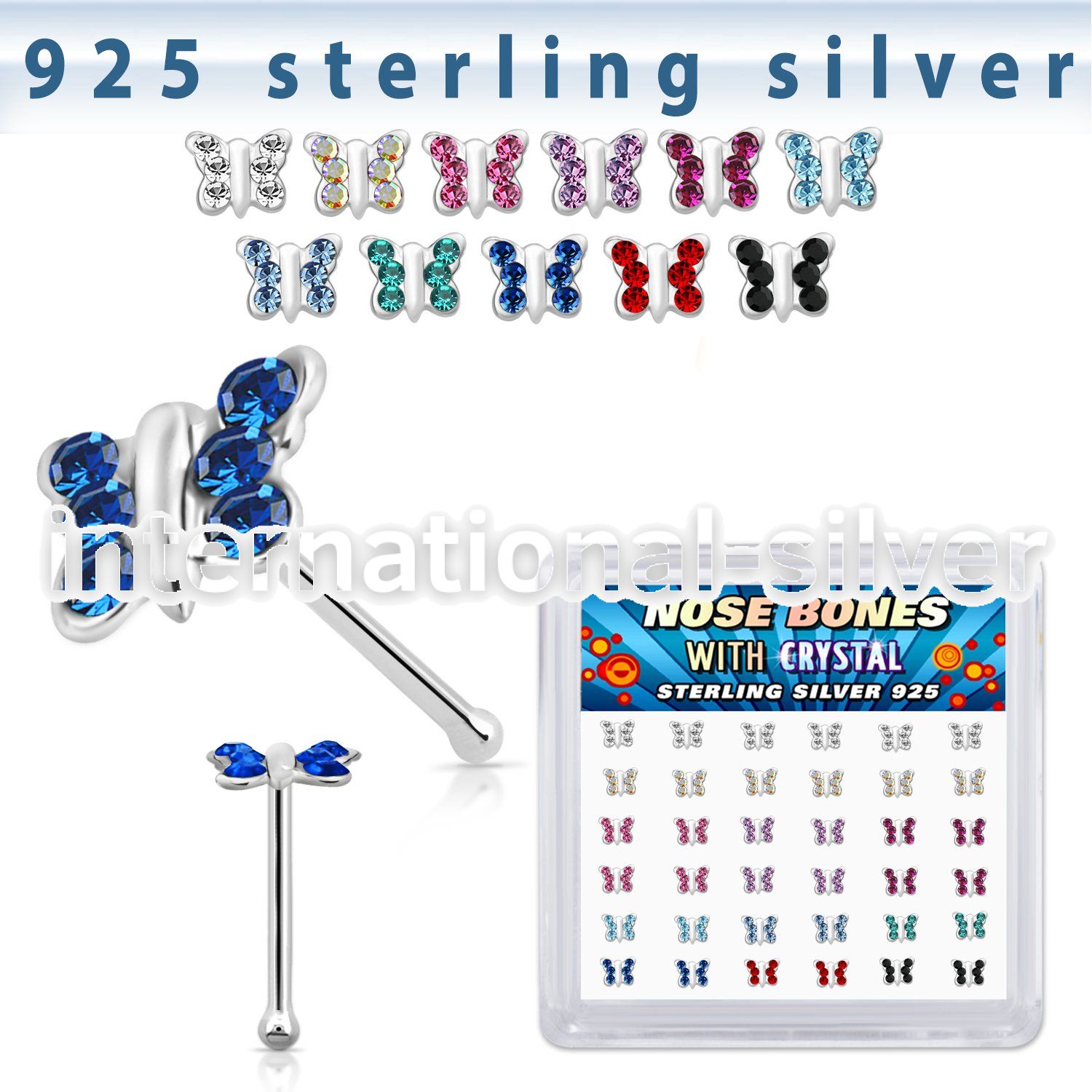 bxbutm36 silver nose bones 22g butterfly gems 36