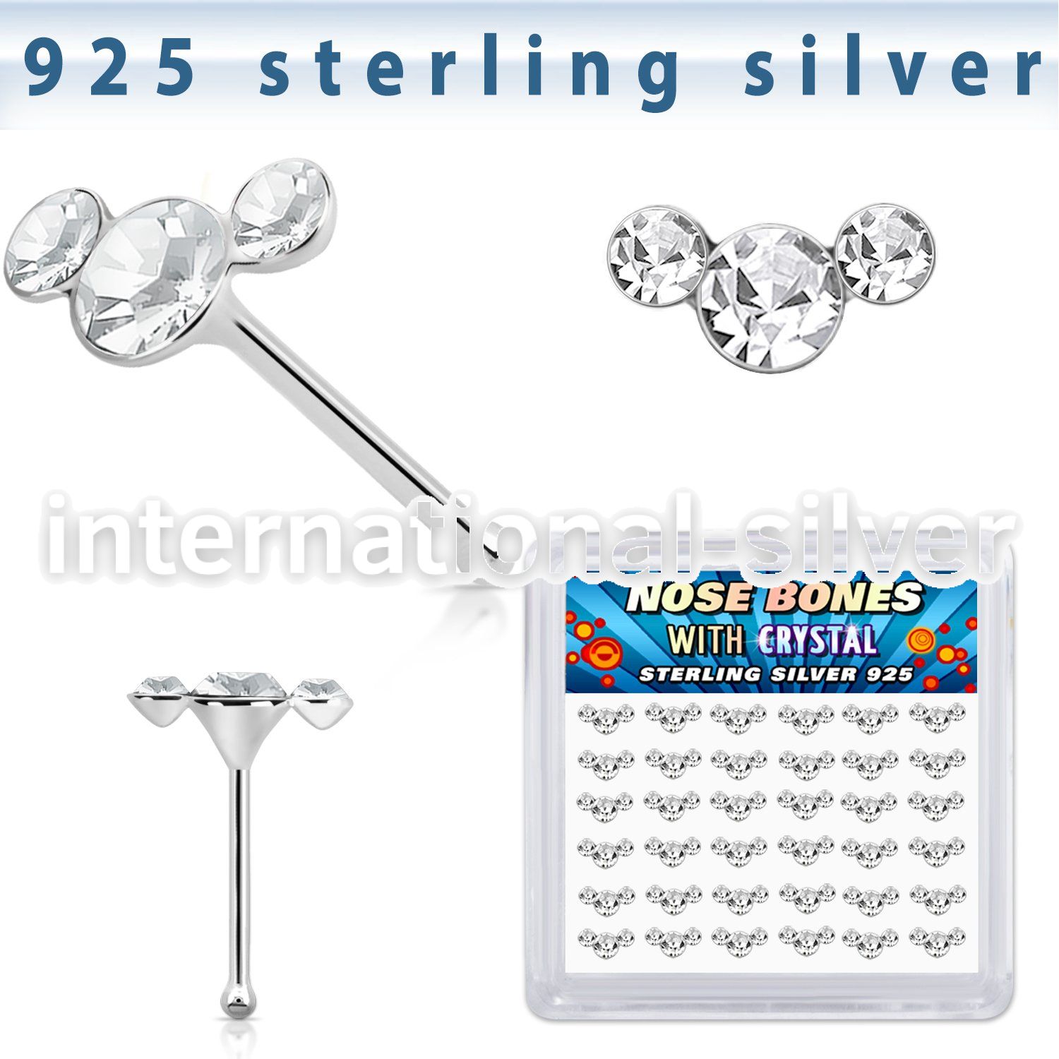 bxcuac36 silver nose bones 22g clear gems curved 36