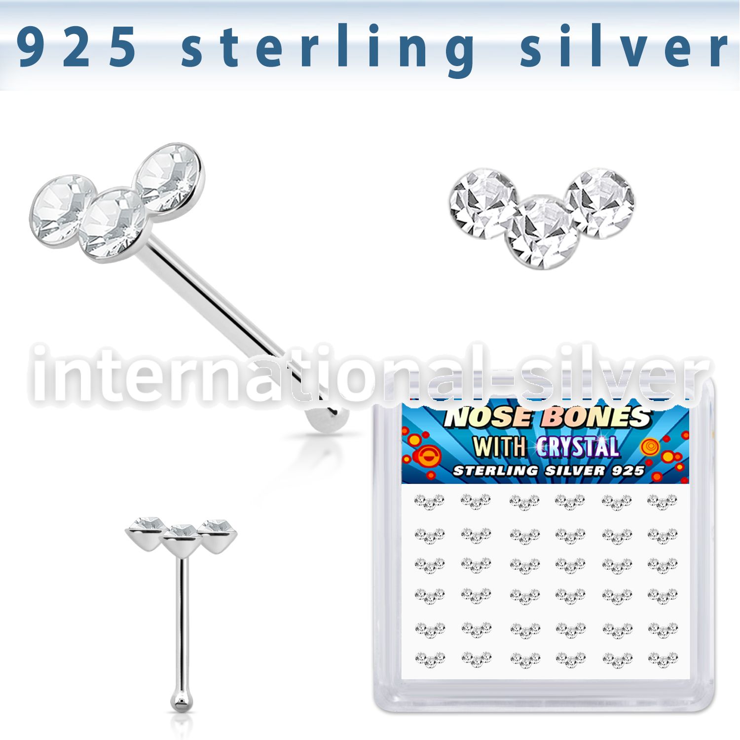 bxcubc36 silver nose bones 22g clear gems curved 36