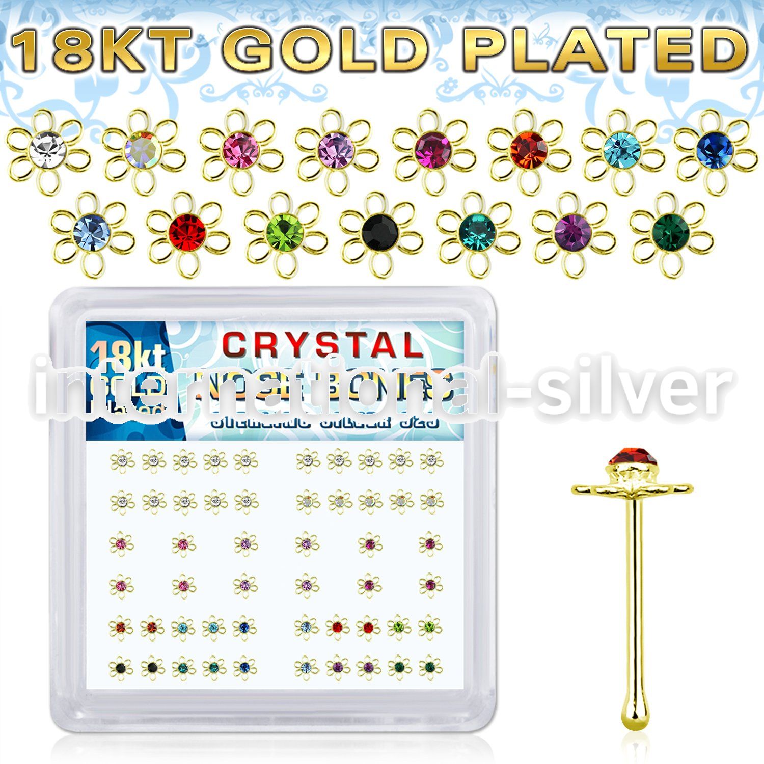 bxfl2mg 18k gold plated silver nose bones with color flower