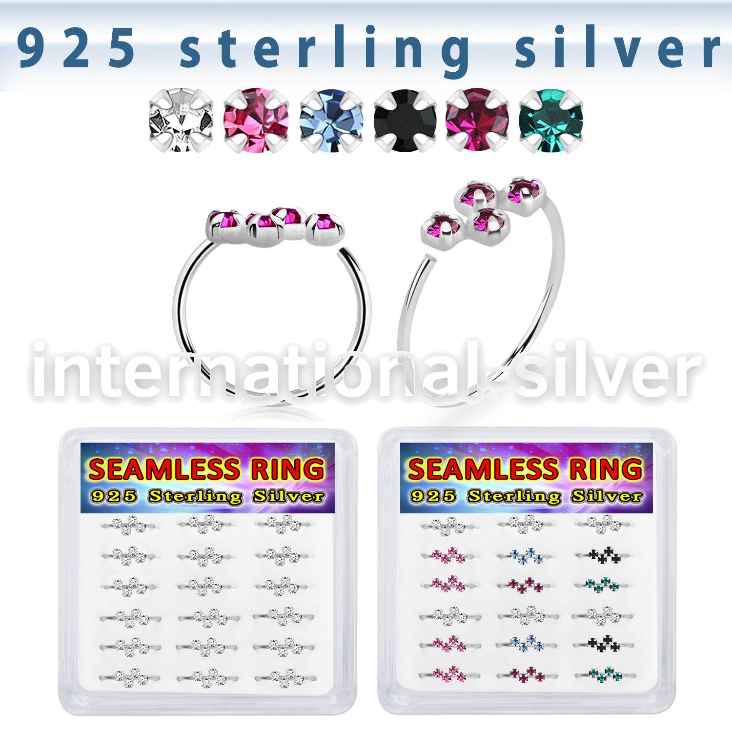 bxnhmx1 silver seamless nose ring hoop 22g four gems 18