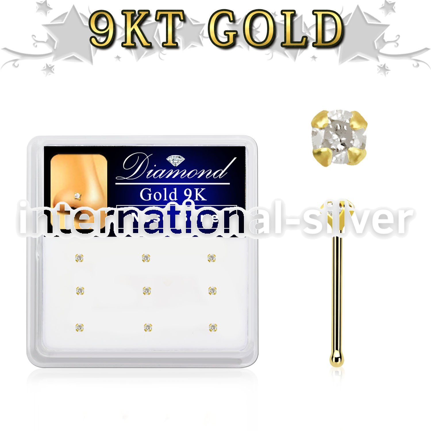d9gnb15 box w 14kt gold nose bone w 1.5mm genuine diamond