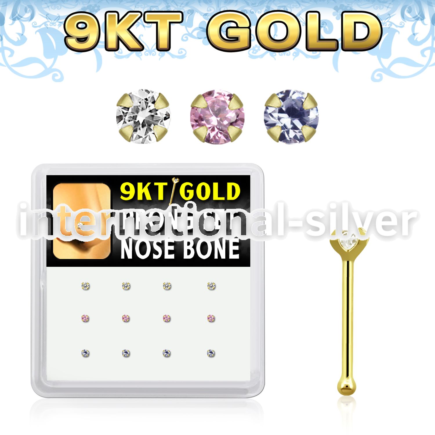 d9gnb2 9kt gold nose bone w assorted colored prong cz stone