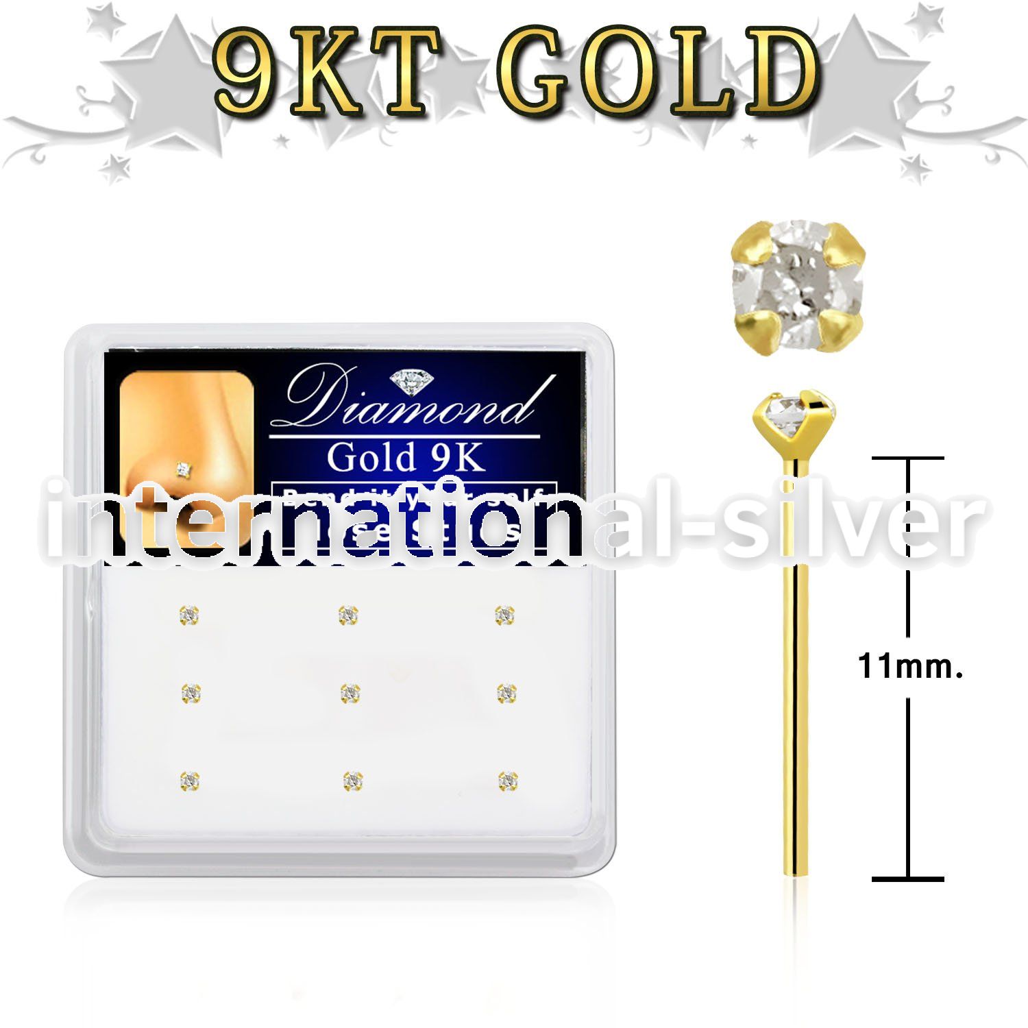 d9gys15 box w 9kt gold bend it nose stud w genuine diamond