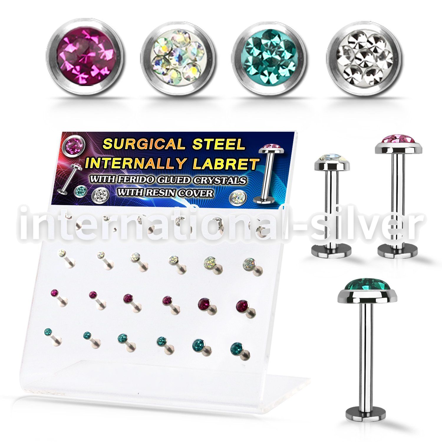 dacb225 display steel internall labret w flat multi crystal top